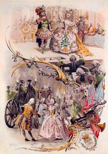 Bröllopsmeny med illustration av Maurice Leloir (1851-1940) av baler i kostymer och galantescener, 1900-04-06 av Maurice Leloir