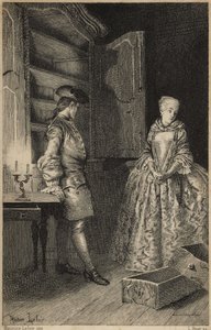 upptäckten av Vol - i "Historien om Manon Lescaut och Chevalier Des Grieux" av Abbe Prevost (1697-1763), fransk författare. Gravyr efter teckningar av Maurice Leloir (1885). av Maurice Leloir