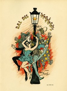 Affisch pour le bal des incoherents, bal organiserad mellan 1885 och 1896 i Paris som en del av den konstnärliga rörelsen som lanserades av Jules Levy 1882, les arts incoherents, Illustration en lithographie de Maurice Neumont (1868-1930), i Les Programs i