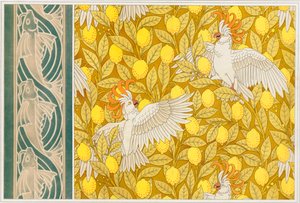 Design för tapetkakaduor med citroner och tapetkant med flygfisk, pub. 1897. av Maurice Pillard Verneuil