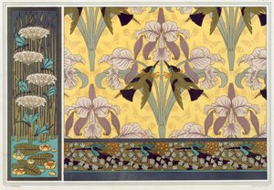 Design för tapetkanter, tyg och panel: "Trollsländor; Näckrosor och blommande rusar", Humming Birds and Orchids" och Humming Birds and Maiden Hair Fern" från "L