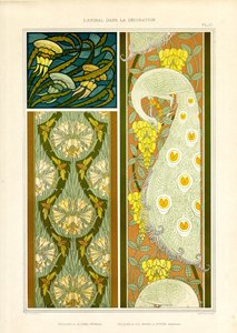 Ornamentala kompositioner med marina djur, cikador och påfågel (litografi) av Maurice Pillard Verneuil