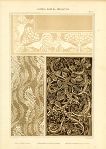 Tredelad djurornamentik med tupp, sjöhästar och ödlor (litografi) av Maurice Pillard Verneuil