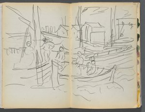 Skissbok - The Granite Shore Hotel, Rockport, sidan 114 115: Figurer på en segelbåt av Maurice Prendergast