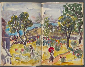 Skissbok - The Granite Shore Hotel, Rockport, sidorna 118 och 119: trädgårdsutsikt med anteckningar av Maurice Prendergast