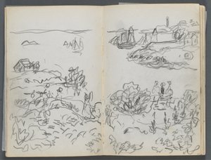 Skissbok, The Dells, nr 127, sidan 042  43: Vik med båtar och figurer av Maurice Prendergast