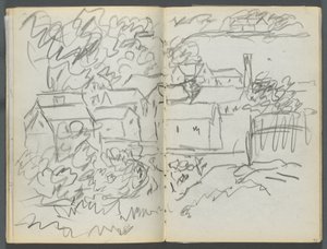 Skissbok, The Dells, nr 127, sidan 096  97: Landskap med hus av Maurice Prendergast