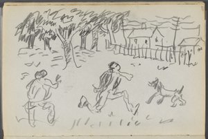 Skissbok, The Dells, nr 127, sidan 107: Landskap med figurer och hund av Maurice Prendergast