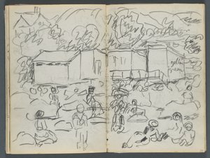 Skissbok, The Dells, nr 127, sidan 114  115: Landskap med figurer och byggnader av Maurice Prendergast