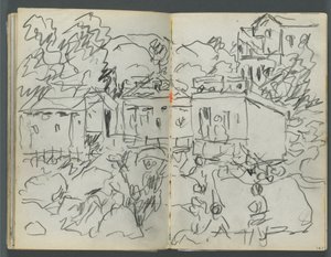 Skissbok, The Dells, nr 127, sidan 146  147: Landskap med figurer och byggnader av Maurice Prendergast