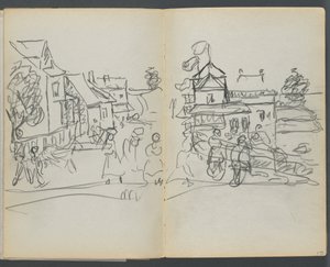 Skissbok, The Dells, nr 127, sidan 174  175: By med hus och väg av Maurice Prendergast