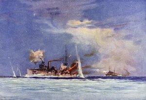 HMAS Sydney, under befäl av kapten John Glossop, attackerar den tyska kryssaren Emden i slaget vid Cocos, 9 november 1914.