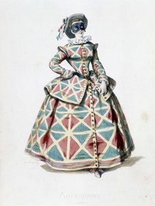 Harlequin kostym och mask 1855, kvinnlig karaktär av Harlequin i commedia dell