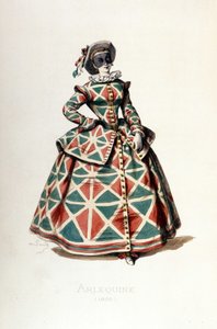 Harlequin kostym och mask 1855, kvinnlig karaktär av Harlequin i commedia dell