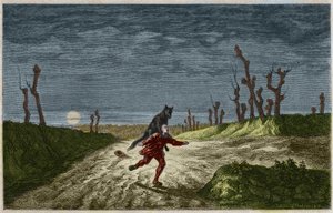 Varulven (The werewolf, lupo mannaro) gravyr efter en målning av Maurice Sand. Gravyr från 1857.