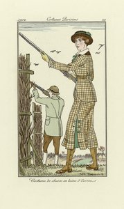 Design för damer i Tweed Shooting Outfit, från Costumes Parisien, pub.1912 (pochoir-tryck)
