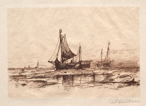 Fiskebåtar på stranden i Scheveningen. av Maurits Frederik Hendrik De Haas