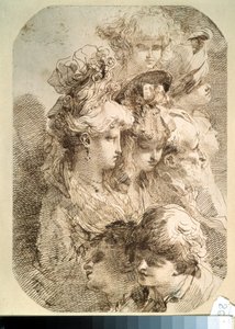 Studie av åtta huvuden. (Studier av åtta huvuden). Teckning av Mauro Gandolfi (1764-1834). Italiensk konst. Penna och brunt indiskt bläck på papper. Pushkin-museet, Moskva