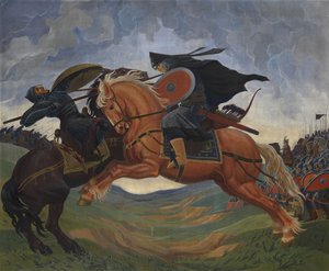 Enskild strid mellan Peresvet och Temir-murza på Kulikovofältet 1380 av Mavriki Petrovich Jacobi