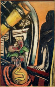 Atelier (natt). Stilleben med ett teleskop och en beslöjad figur av Max Beckmann