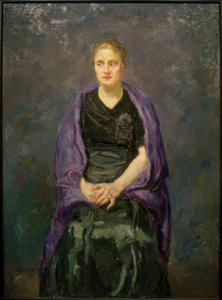 Porträtt av Minna Beckmann-Tube med lila halsduk av Max Beckmann