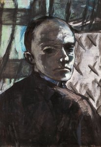 Självporträtt med grön gardin av Max Beckmann