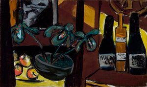 Stilleben på brunt och gult (champagneflaskor och orkidéer) av Max Beckmann