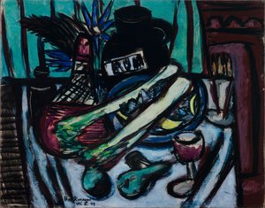 Stilleben med chiantiflaska och selleri av Max Beckmann