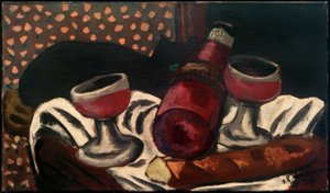 Stilleben med vinglas och katt av Max Beckmann