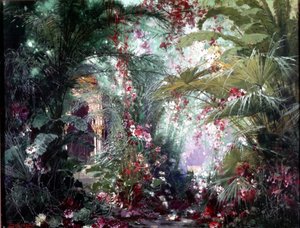 Dekor för Richard Wagners "Parsifal"-show: Klingsorträdgården. Scenografi av Bruckner 1882. Wagner-museet, Bayreuth.