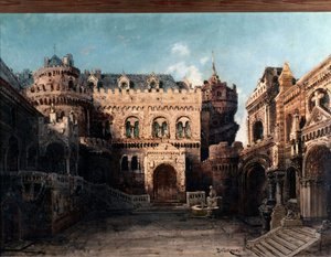 Dekor av ”Lohengrin””, romantisk opera i tre akter. Scenografi av Bruckner