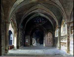 Dekoration för "" Die Meistersinger"" eller "" Les maitres singteurs de Nuremberg", opera av Richard Wagner. Scenografi av Bruckner, Akt I. Wagner Museum Bayreuth.