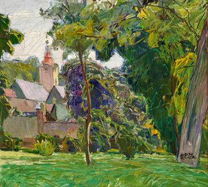 August Rieger parklandskap med kyrka av Max Kahrer