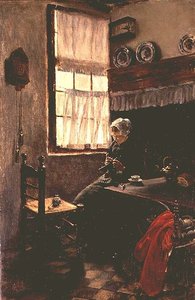 En ung kvinna stickar i en interiör av Max Liebermann