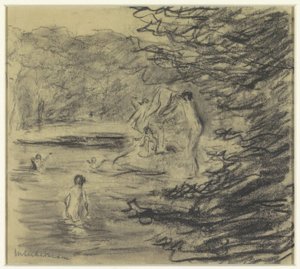 Badande pojkar i skogsdamm av Max Liebermann