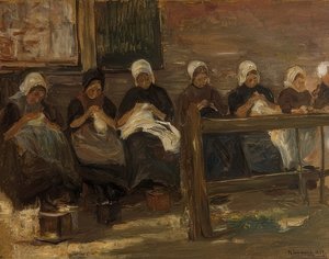 Sy flickor i Huyzen - Studera med sju figurer. 1889 av Max Liebermann