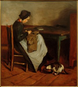 Sy flicka med katt - holländsk interiör av Max Liebermann