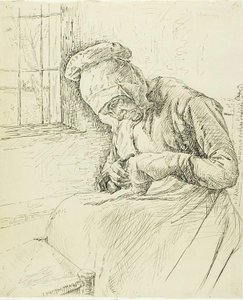 Gammal kvinna lagar vid fönstret av Max Liebermann