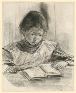 Porträtt av konstnärens dotter. Bröstbild framifrån, sittande vid ett bord och läsande av Max Liebermann