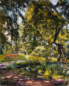 Trädgård i Godrammstein med ett vridet träd och damm; Trädgård i Godrammstein med övervuxet träd och damm, 1910 av Max Slevogt