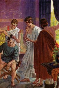 Aristagoras, Tyrann av Miletos, tar emot ordern till jonierna att göra uppror mot det persiska styret, och avslöjar budskapet tatuerat på en slavs hårbotten genom att raka av hans hår (färg litho)