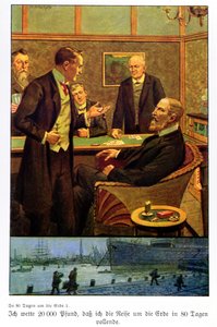Phileas Fogg tar vadet på Reform Club att han kan resa jorden runt på 80 dagar, illustration från en upplaga publicerad i Berlin