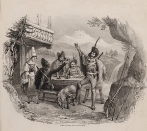 Jägare i bergen njuter av en drink på en krog (gravyr)