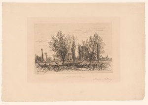 Landskap med en äng och utsikt över en stad Dansa les champs de Cenon. (titel på objekt) av Maxime François Antoine Lalanne (signed by artist)