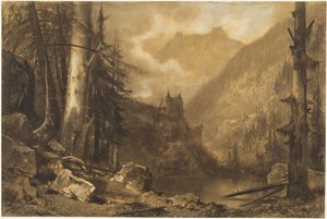 Alpint slott ovanför en skogssjö, ca 1870 (kol på papper)