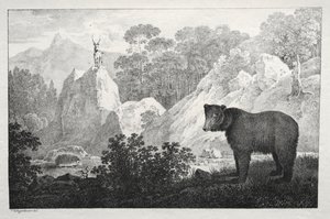 Bergigt landskap med björn i förgrunden. av Maximilian Josef Wagenbauer