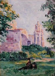 Resting in the Grass, ca 1897 (olja ombord) av Maximilien Luce