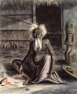 Gubben från Tahiti satt nära en Tiki, ca 1841-48 (penna och bläck och wc på papper)