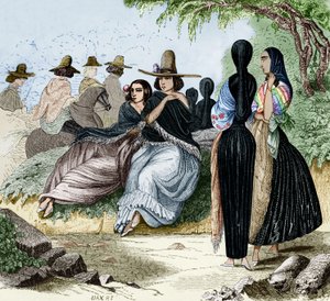 Kvinnor från Lima i Peru, gravyr från radiguets resa i Lima på 1840-talet, färgat dokument