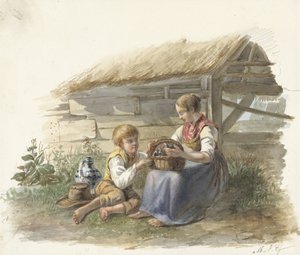 Flicka och pojke med en korg med unga fåglar av Maximilienne Guyon